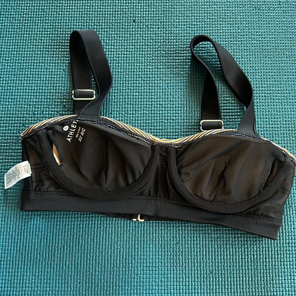 Athleta Capri Stripe Pura Bikini Top Underwire Black Coral Yellow 32B/C Swim